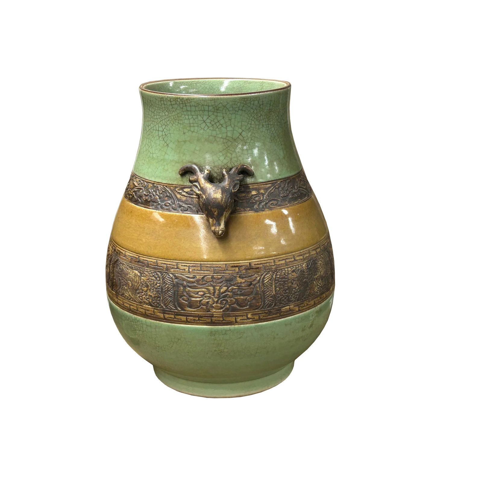 Orient Crackle Green Dragon Motif Ram Heads Artistic Pottery Ceramic Vase - 4