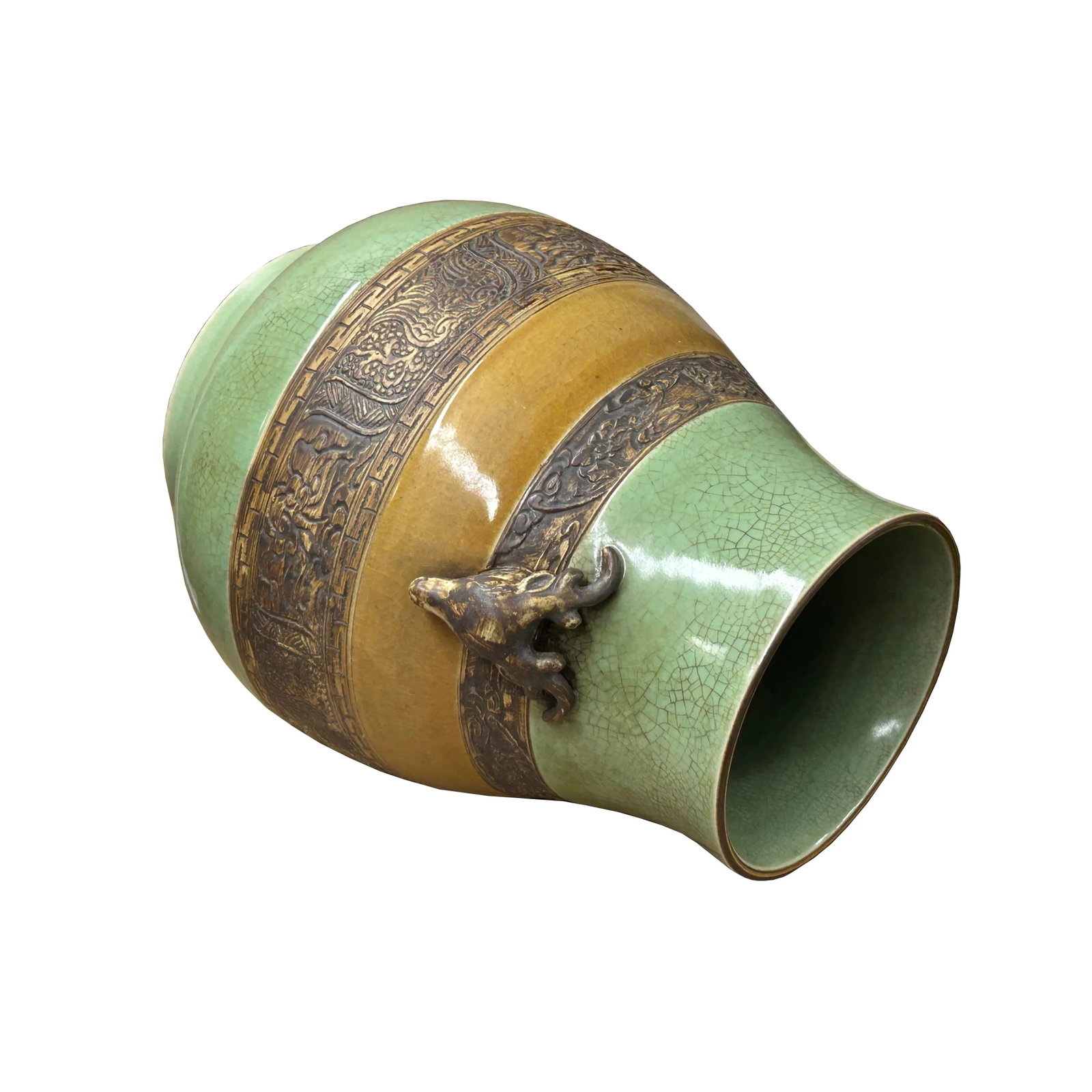Orient Crackle Green Dragon Motif Ram Heads Artistic Pottery Ceramic Vase - 5