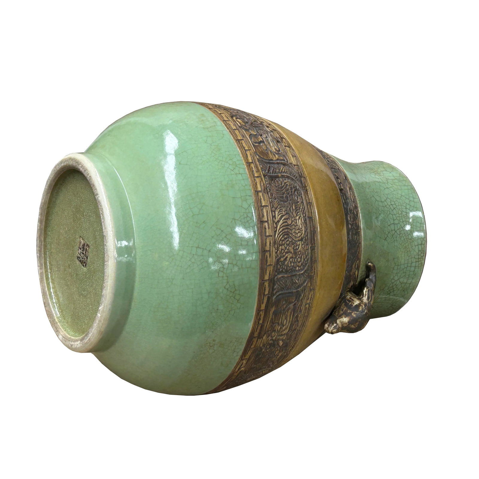 Orient Crackle Green Dragon Motif Ram Heads Artistic Pottery Ceramic Vase - 6
