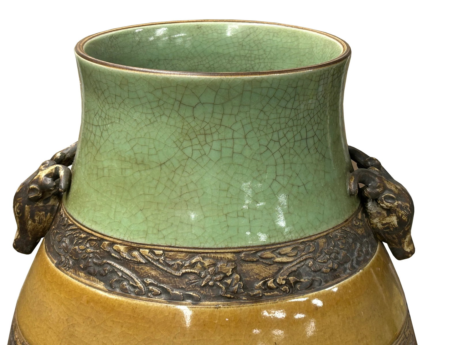 Orient Crackle Green Dragon Motif Ram Heads Artistic Pottery Ceramic Vase - 7
