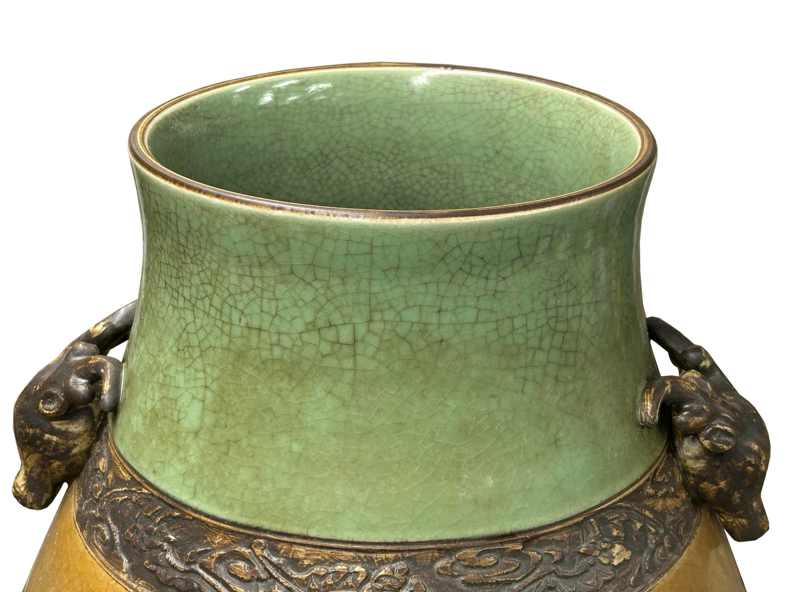 Orient Crackle Green Dragon Motif Ram Heads Artistic Pottery Ceramic Vase - 9