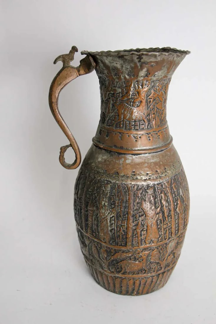 Antique Islamic Middle Eastern Tinned Copper Ewer - 12