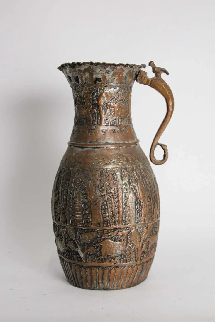 Antique Islamic Middle Eastern Tinned Copper Ewer - 8