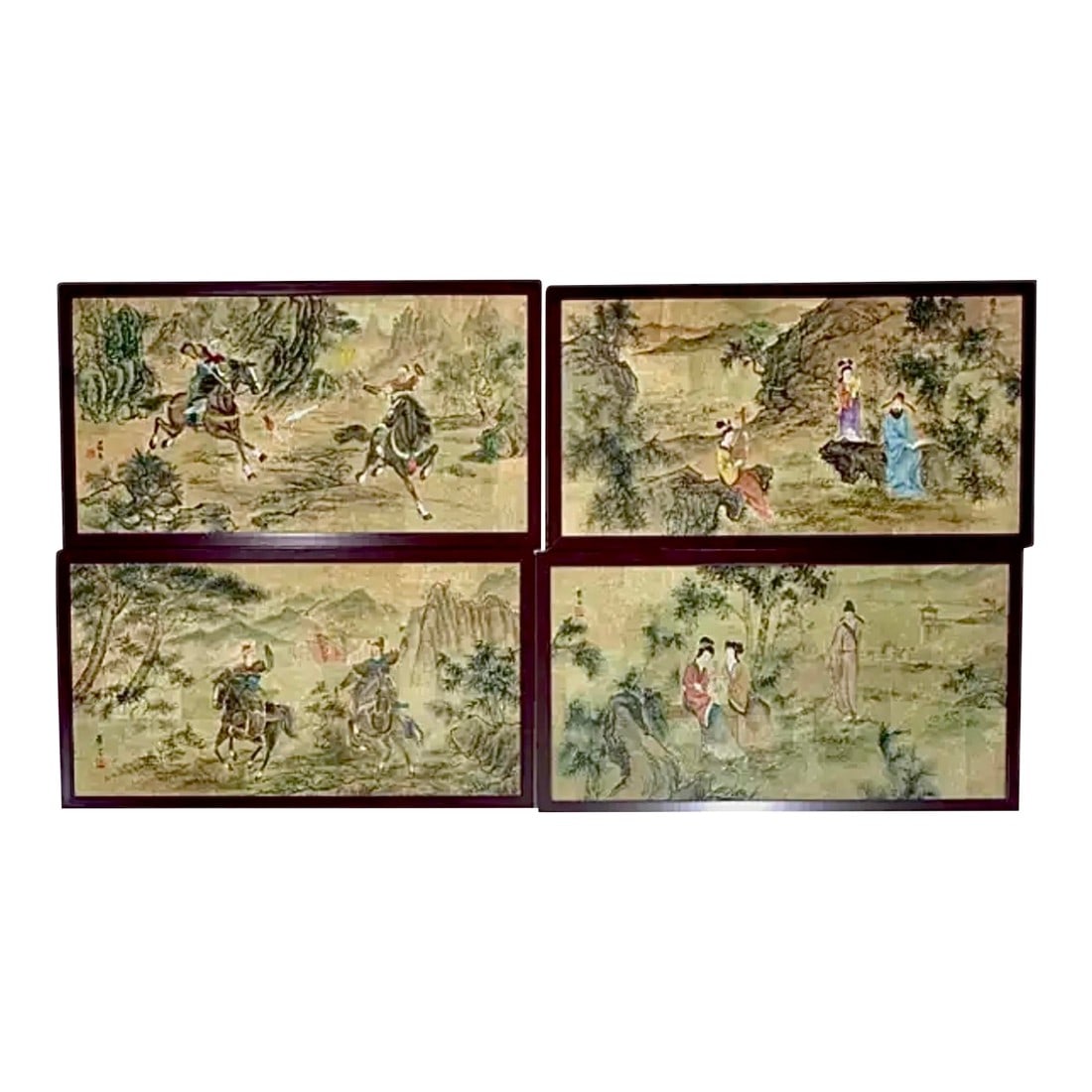 Chinese Paintings in Rosewood Frames, Set of Four: 19th Century Chinese Paintings in Rosewood Frames, Set of Four. Paintings depict scenes of courtly life and marital valor during the Qing Dynasty. Depicted are scenes with figures in natural settings