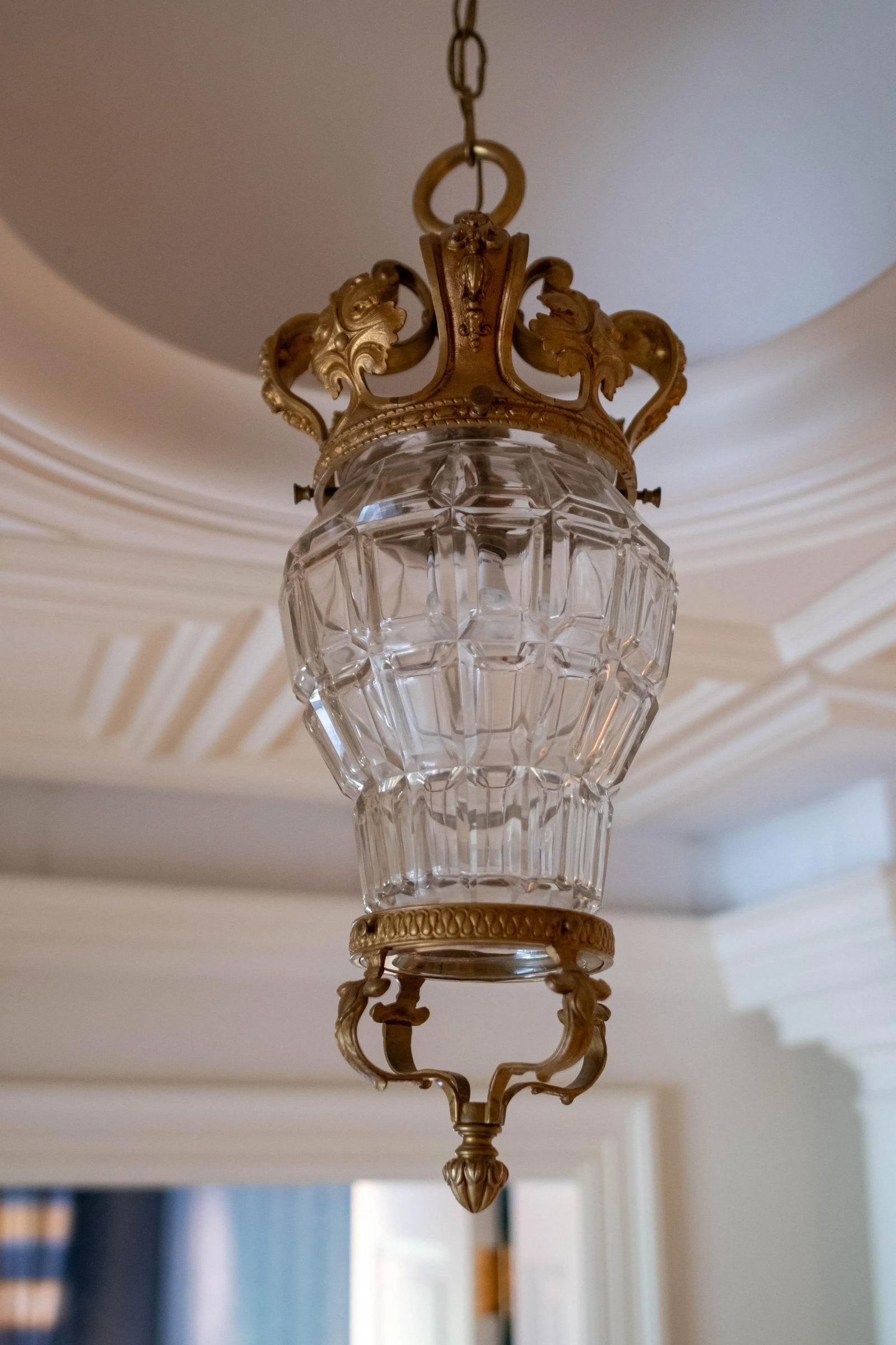 Vintage French Bronze & Etched Crystal Crown Ceiling Mount Chandelier - 2