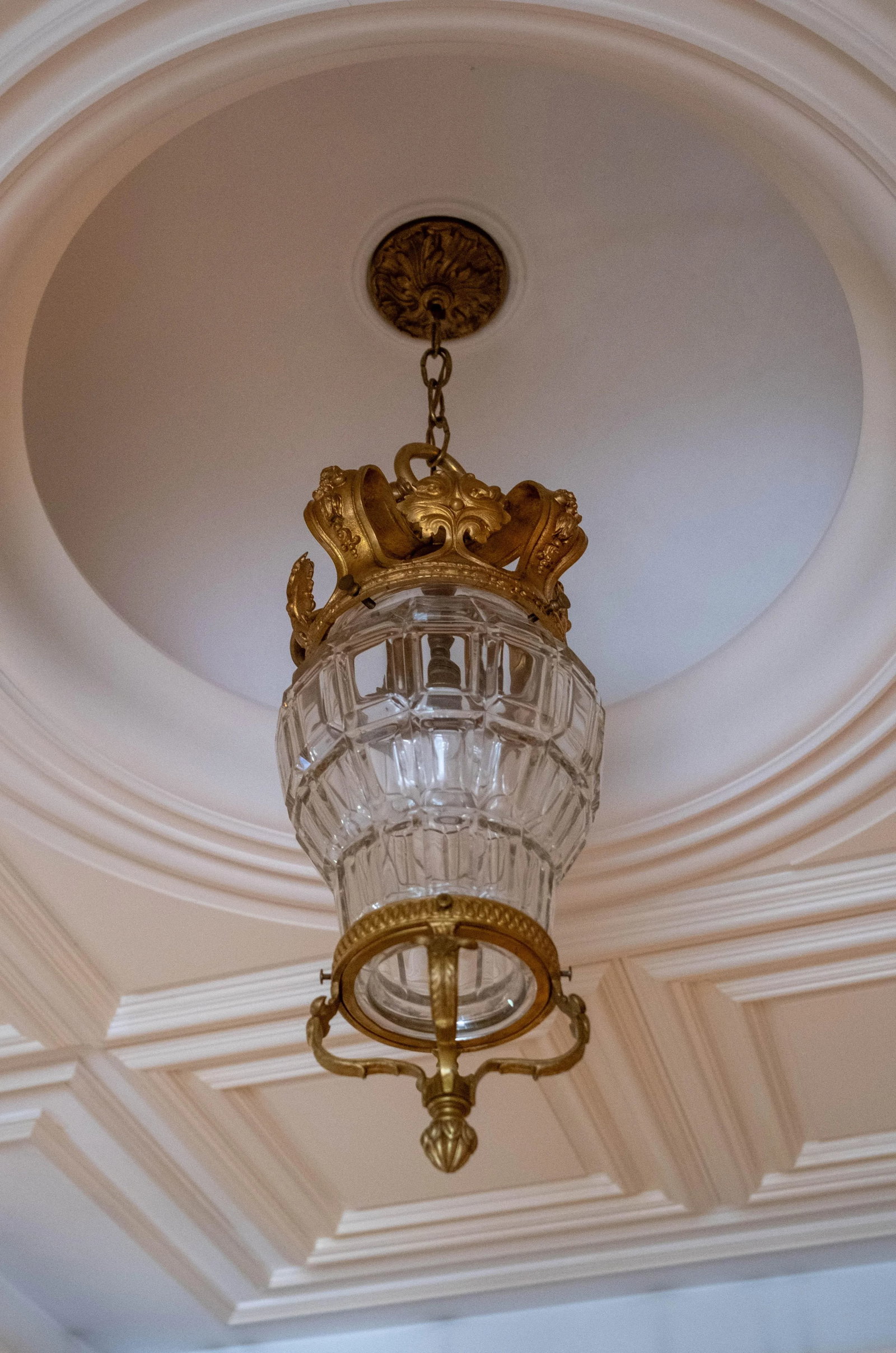 Vintage French Bronze & Etched Crystal Crown Ceiling Mount Chandelier - 3