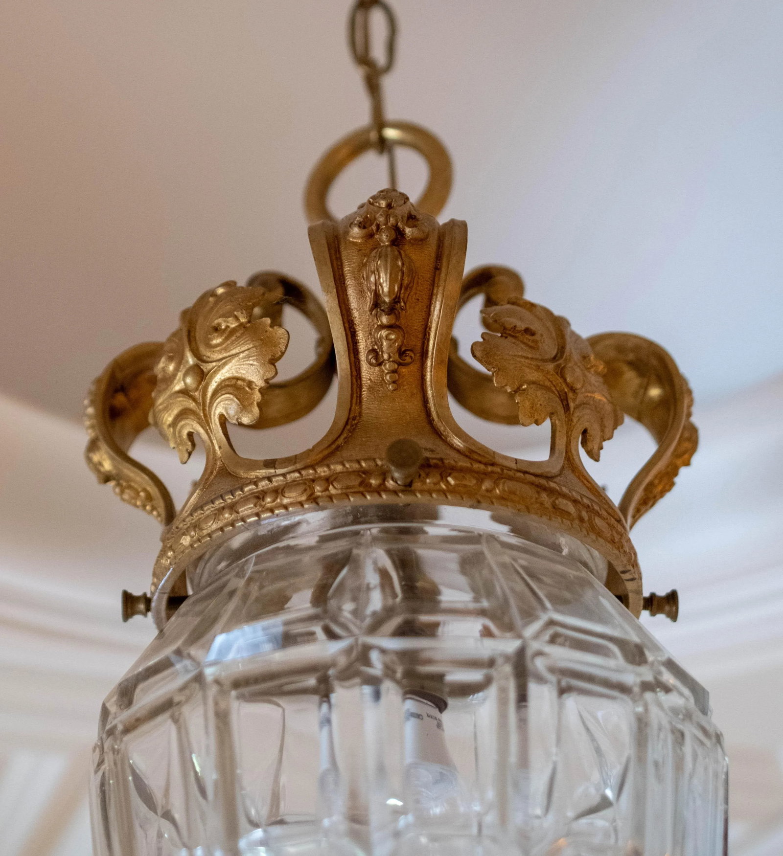 Vintage French Bronze & Etched Crystal Crown Ceiling Mount Chandelier - 4