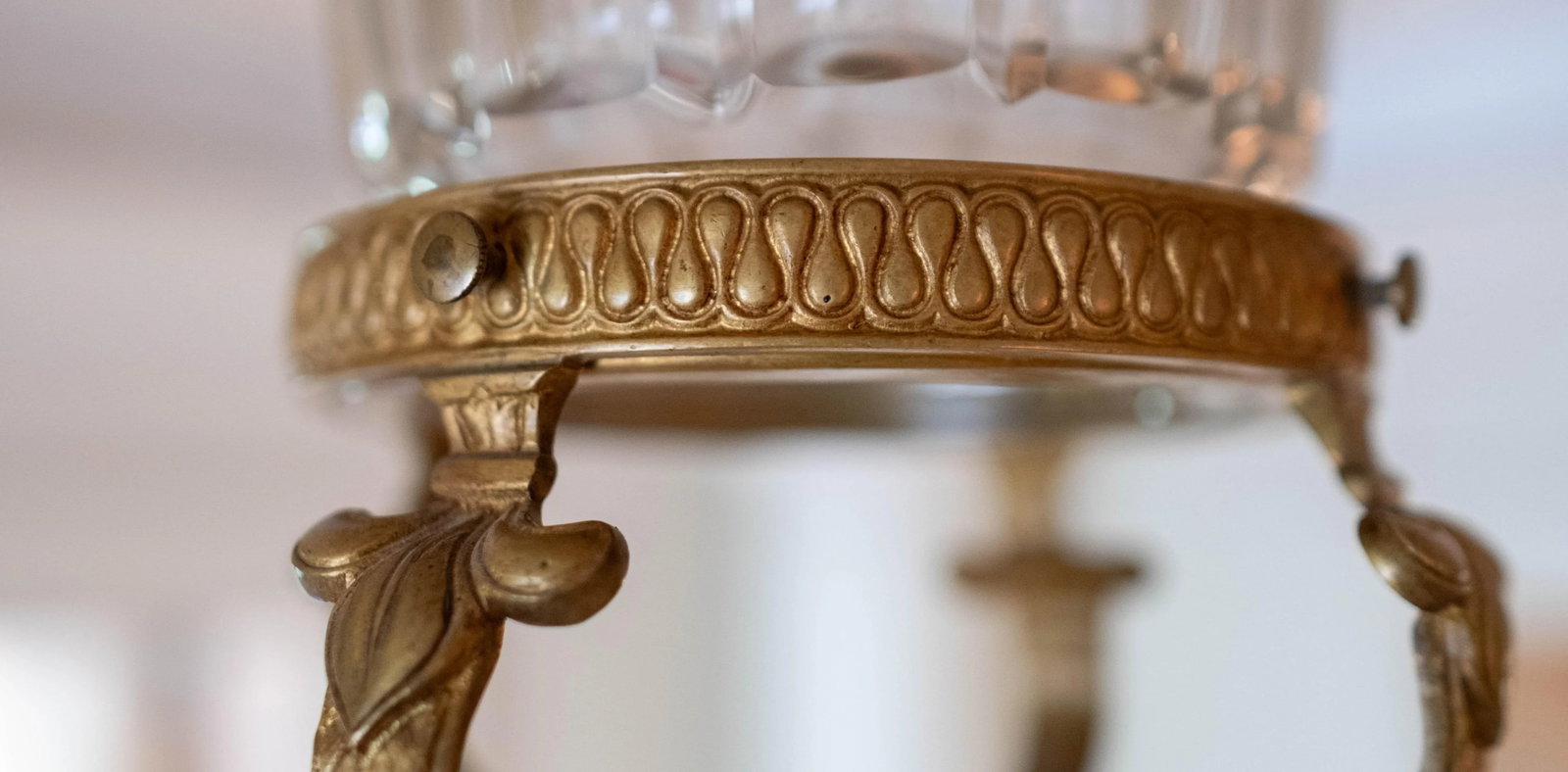 Vintage French Bronze & Etched Crystal Crown Ceiling Mount Chandelier - 5