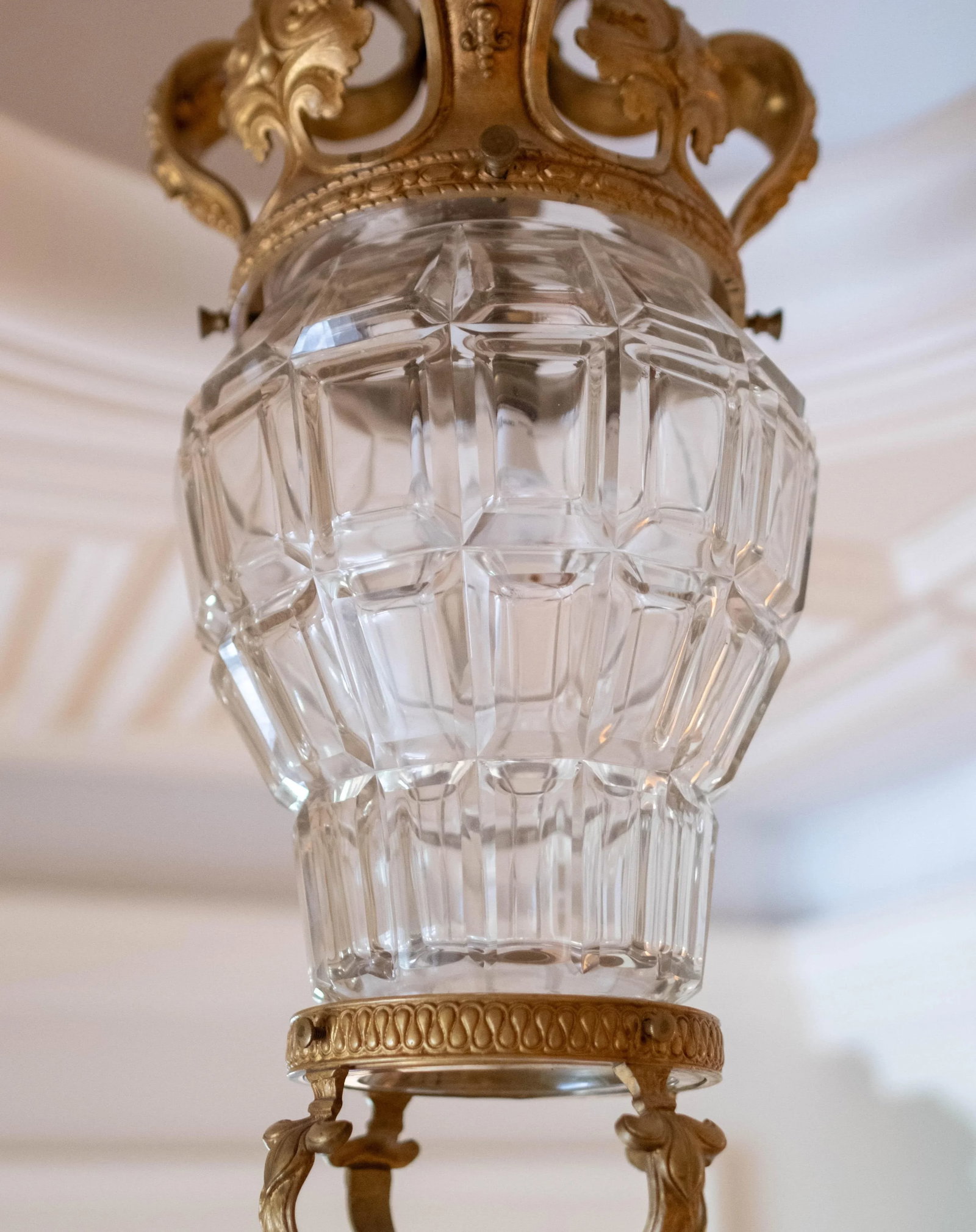 Vintage French Bronze & Etched Crystal Crown Ceiling Mount Chandelier - 6