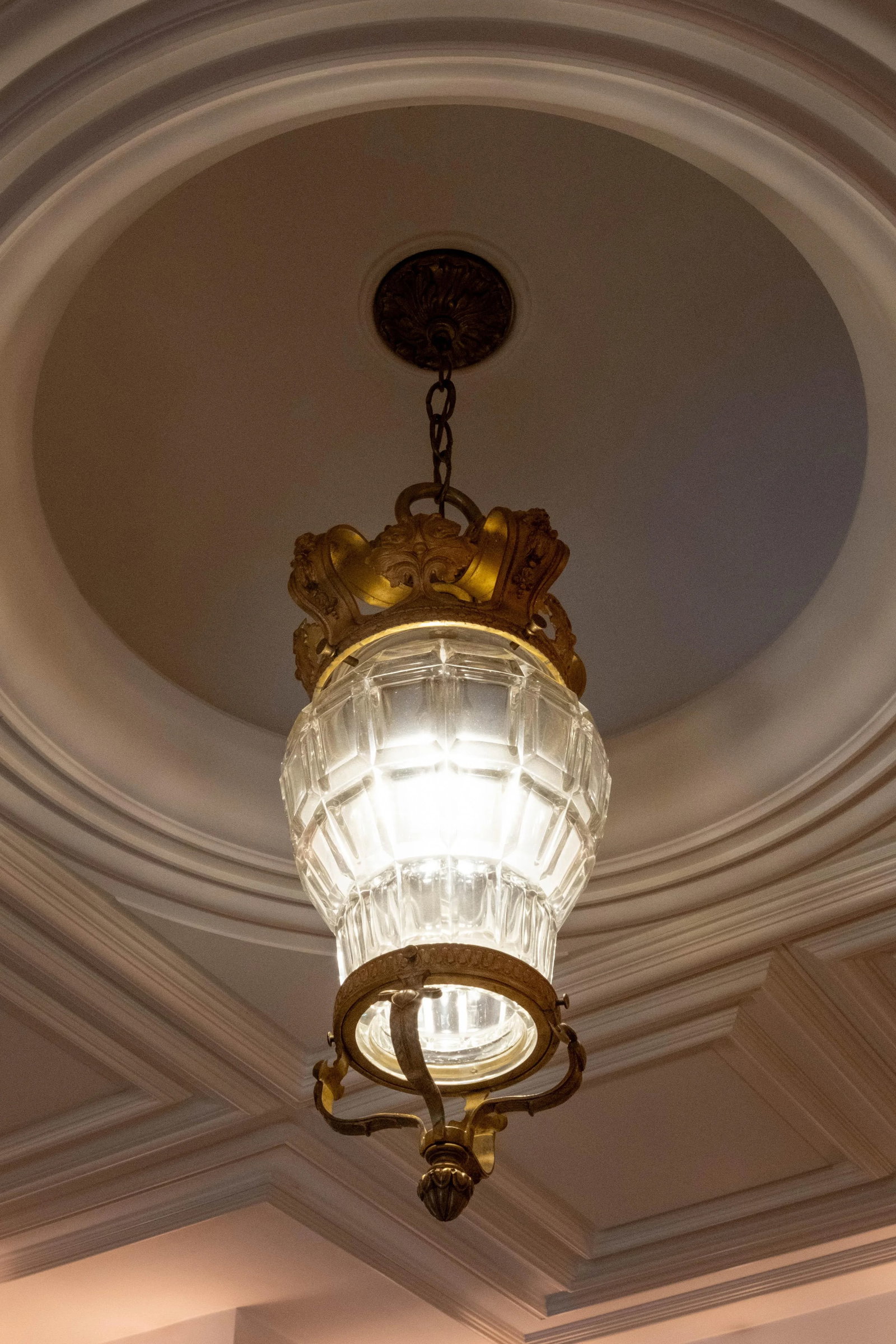 Vintage French Bronze & Etched Crystal Crown Ceiling Mount Chandelier - 7