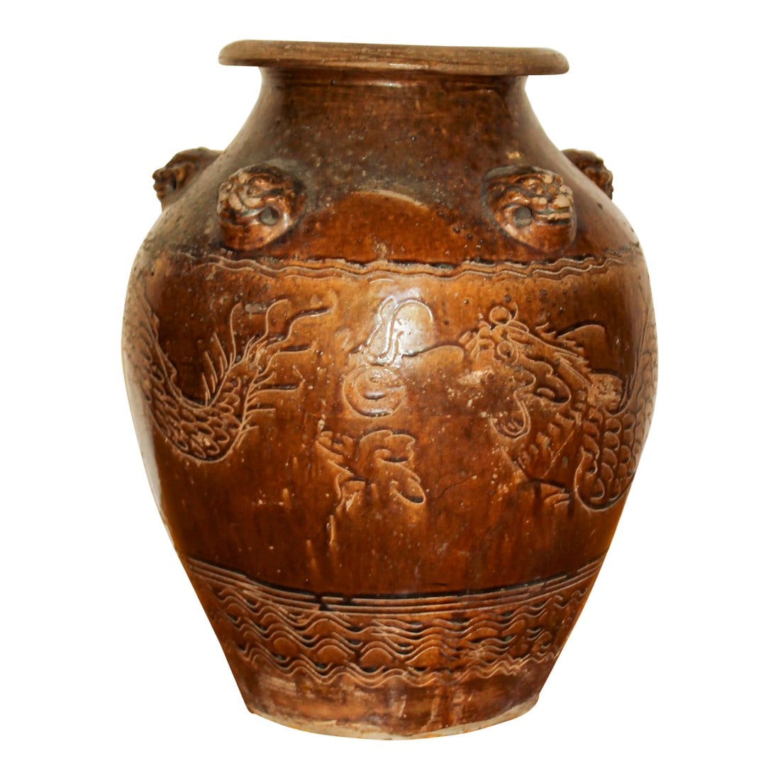 16th Century Ming Dynasty Martaban Vessel: 16th century Ming Dynasty vessel with classic dragons guarding pearls design, signifying strength and wisdom. These storage vessels were named after the port of Martaban, where they were extensively