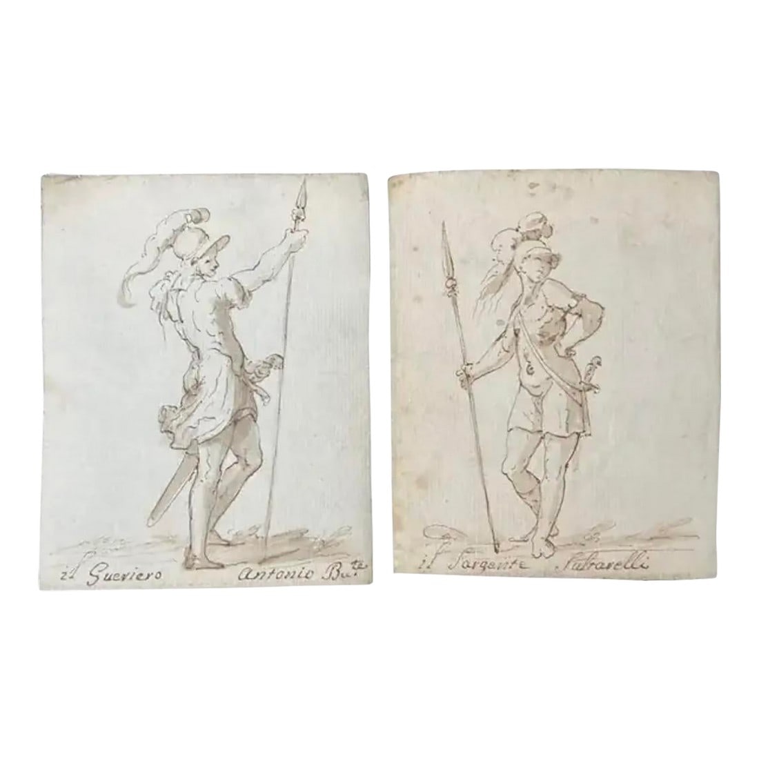 Pair of Italian Old Master Drawings of Soldiers: 18th Century Italian Old Master Drawings of Soldiers. These are fine, small illustrations done in brown ink with wash on paper that resemble Old Master figure studies, each depicting a classical or Re