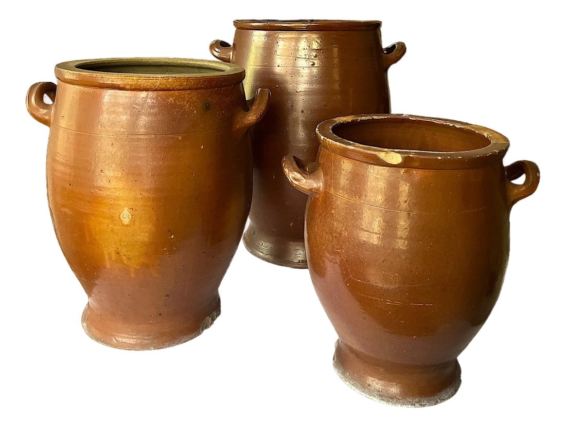 Antique 19th Century Handmade French Brown Slip Salt Glazed Terracotta Confit Pots – Set of 3: Set of three 19th century hand-thrown French confit pots made in the Toulouse region and stamped "Inalterable," meaning they are durable, resistant to acids, fats, and general deterioration. The midsi