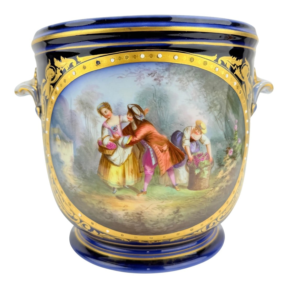 19th Century, Sevres Cobalt Porcelain & Hand Painted Jardiniere or Cache Pot: A fine and richly decorated French porcelain jardinière by the Sèvres manufactory, dating to the late 19th or early 20th century, distinguished by its opulent cobalt blue ground and hand-pai