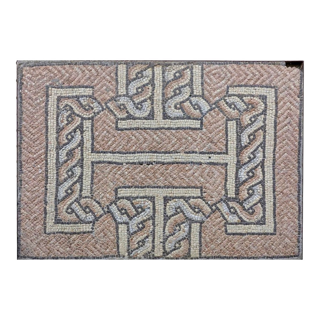 Ancient Roman Interlaced Geometric Pattern Floor Mosaic 4th - 5th Century Ad: A substantial and architecturally evocative Roman mosaic pavement fragment, dating to the 4th - 5th century CE (or AD) possibly as early as the 2nd century CE, likely originating from the Eastern