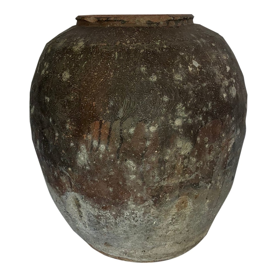 Ming Dynasty 16th Century Black Egg Export Vessel: Thick-walled, with a textured finish outside and around the rim. Vessels such as this were used during the Ming Dynasty to export various foodstuffs, in this case black eggs. Bottom diameter 12"