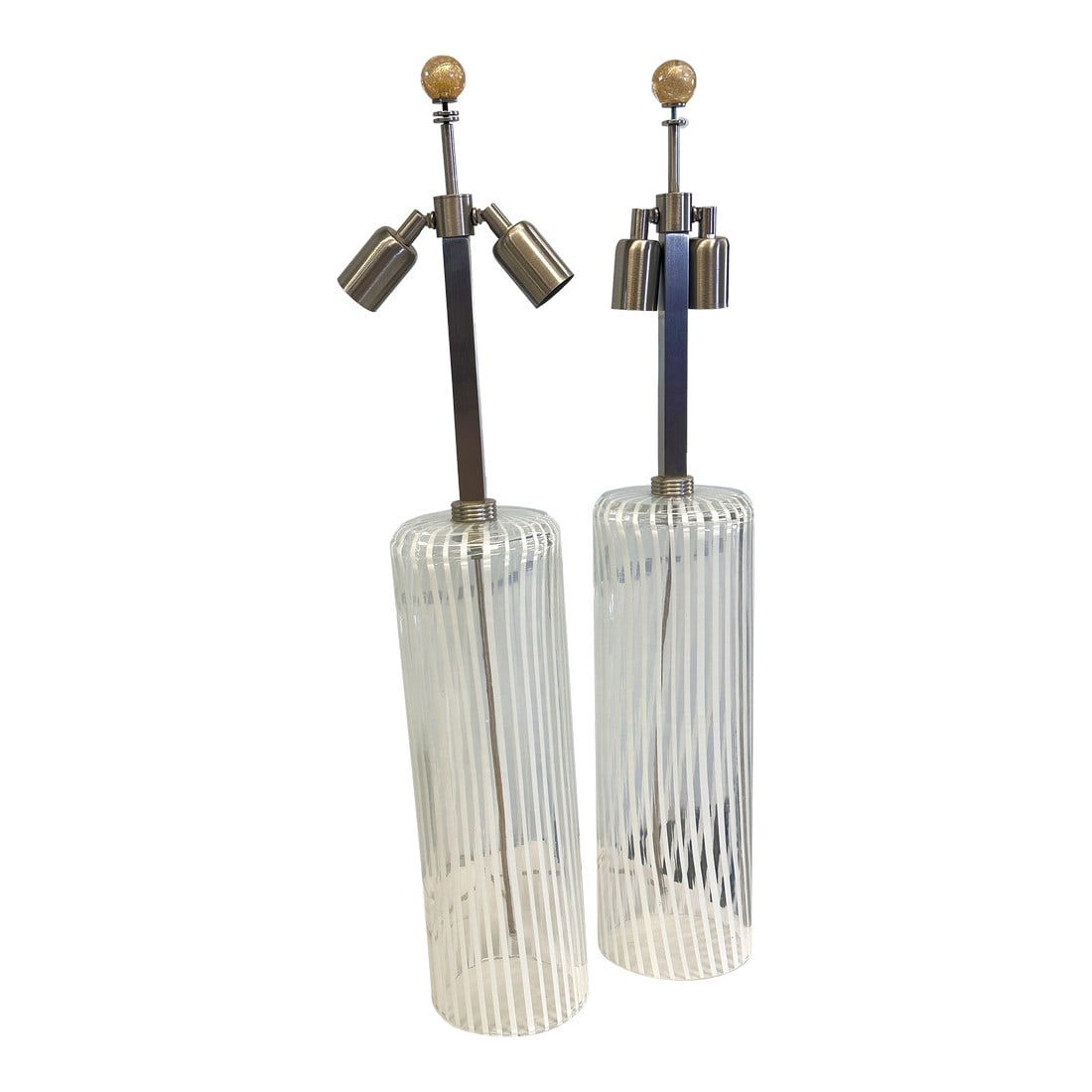 Set of Two Milky-White "Canne Di Filigrana" Filigree Rods Murano Glass: Contemporary majestic Murano glass table lamps. Transparent blowing glass with milky-white "canne di filigrana" filigree rods traditional Murano working. A fruit of hight italian craftamnship. All