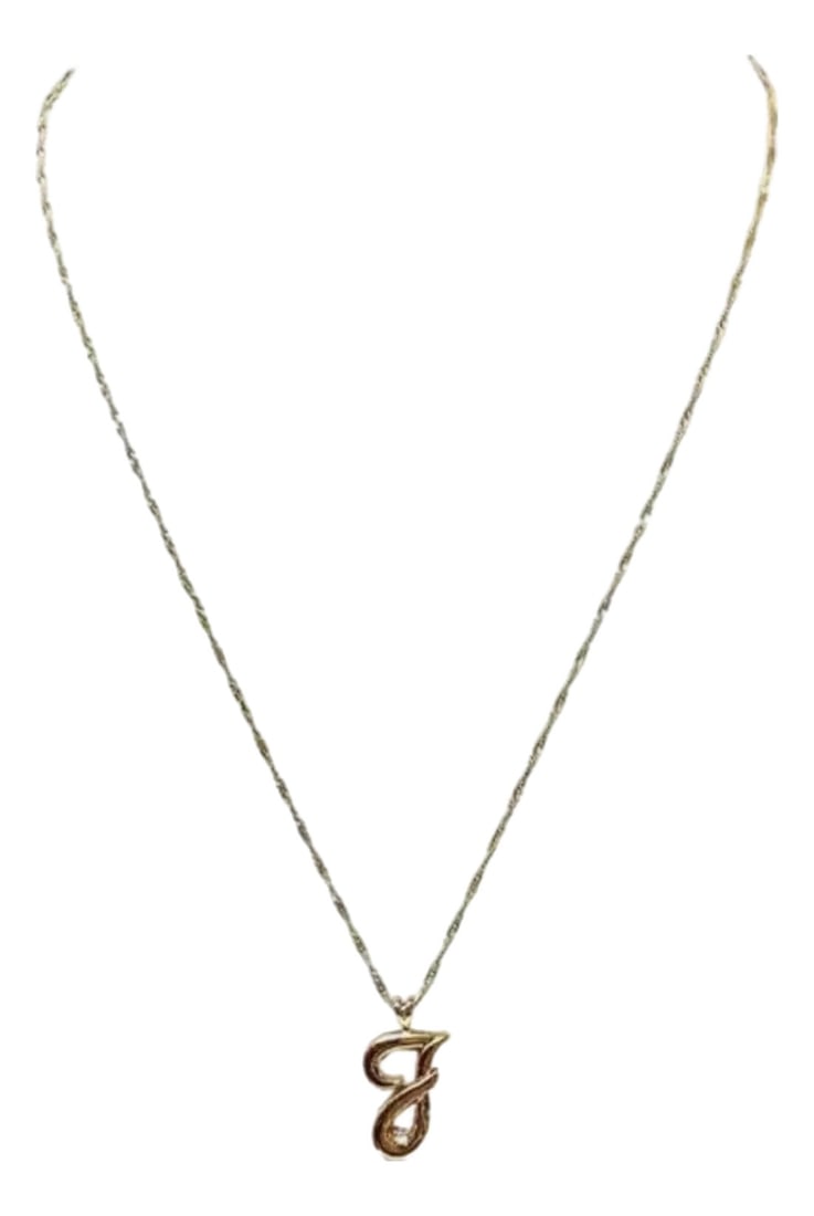 14k Gold "J" Initial Pendant Necklace With Diamond Accent: 14K Yellow Gold 'J' Initial Pendant Necklace. Necklace features a graceful script "J" pendant suspended from a delicate twist rope chain. The pendant is crafted in high-polish gold and is adorned