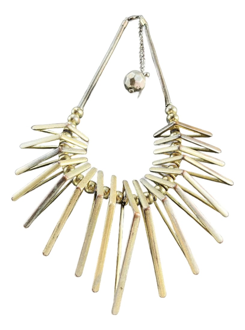 1970s Italian Brass Spike Brutalist Statement Necklace: Striking 1970s vintage Brutalist style necklace made from polished cast brass with radiating spike forms and round brass bead spacers. The symmetrical fan shape and heavy material give it sculptural p