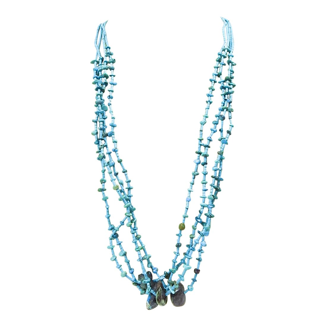 Contemporary Turquoise Hieshi Beaded Multi Strand Necklace: Late 20th century turquoise heishi and small nugget multi strand necklace. Four large polished turquoise nuggets mostly matrix. Hook and eye closure. Condition: Alterations: Original Condition