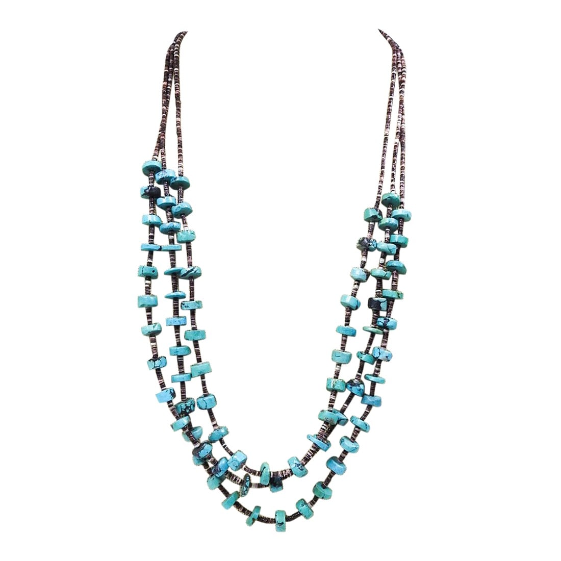 Late 20th Century Turquoise Shell Hieshi Beaded Multi Strand Necklace: Late 20th century turquoise rondelle and shell heishi bead multi strand necklace. Each rondelle is 10mm dia. Hook and eye closure. Condition: Alterations: Original Condition Unaltered Imperfections: