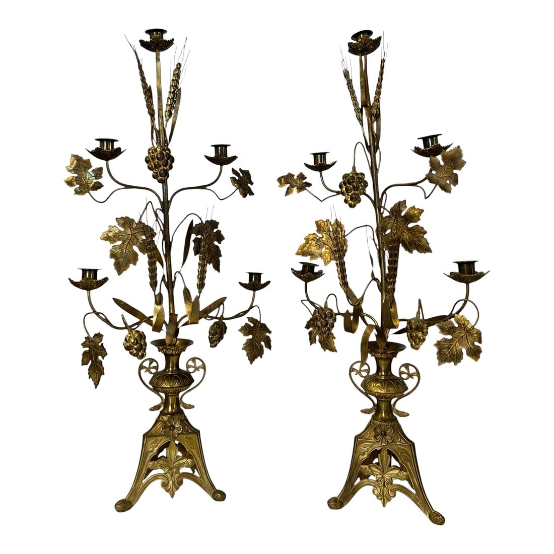 Antique French Girandoles 1800s in Harvest Motifs, Pair.: Elegant pair of late 19th century French brass girandoles with intricate grapevine and wheat sheaf motifs symbolizing abundance and prosperity. Each holds 6 candles and has the patination acquired