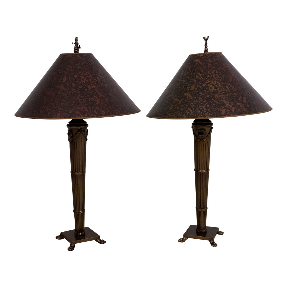 Pair of Chapman Brass Tall Table Lamps - Empire Style: Age: C.1997 Details: Ball & Claw Feet Brass Capped Feet High Quality Construction Neoclassical Torch Design French Empire Style Solid Brass Hardware Condition: Excellent Condition - Minor Signs Of Lig