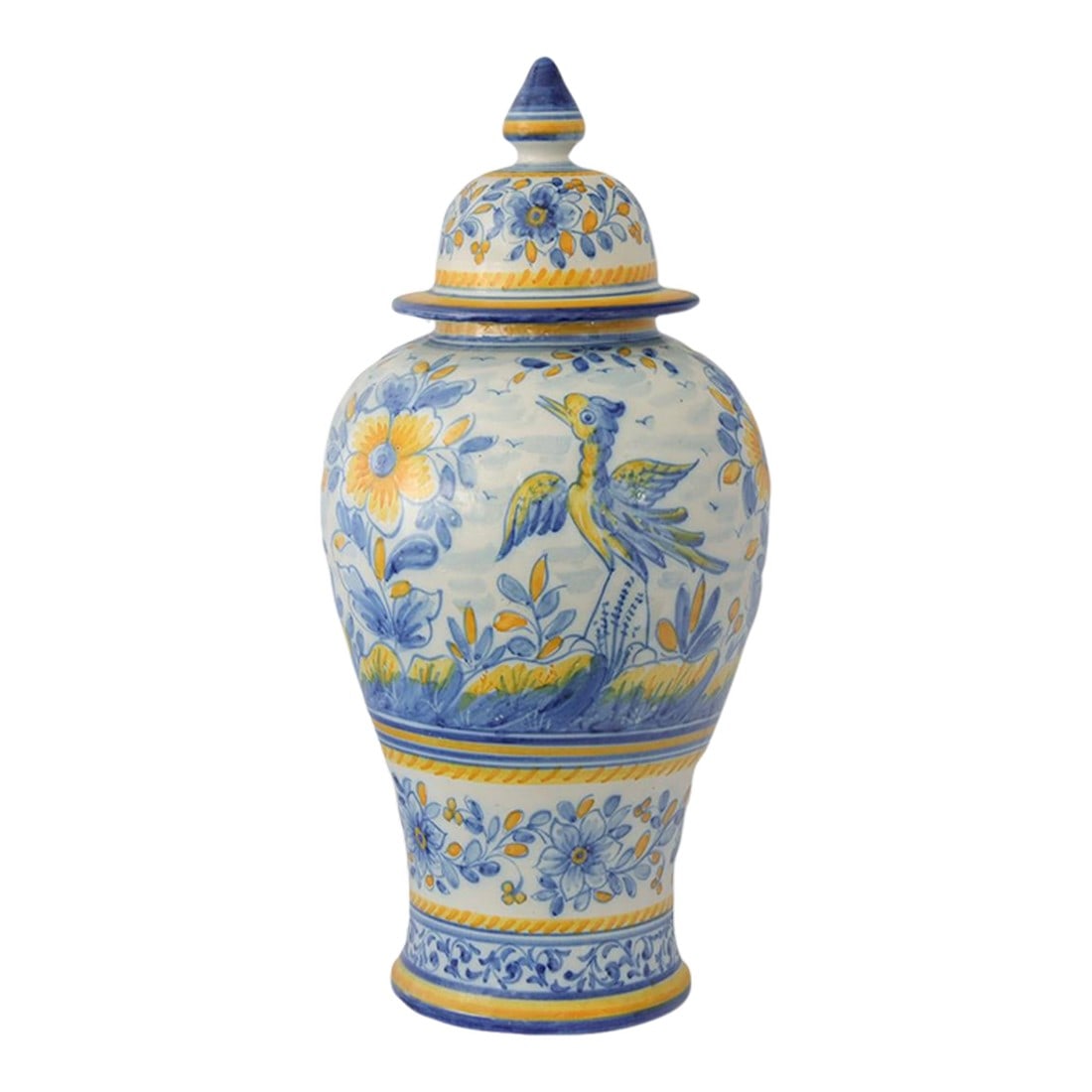 Midcentury Portuguese Faience Urn: Oversized hand-painted ceramic ginger jar from Lisbon, Portugal, in vivid blue, ochre, and green. Likely produced in the mid-20th century in the Sant'Ana tradition, known for bright faianÃ§a