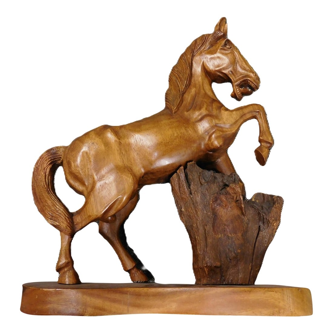 1940s Hand Carved Wooden Horse: Hand carved wooden horse. Solid wood on wooden base. Condition: Alterations: Original Condition Unaltered Imperfections: Some Imperfections Condition Notes: Very good condition. Dimensions: Height: