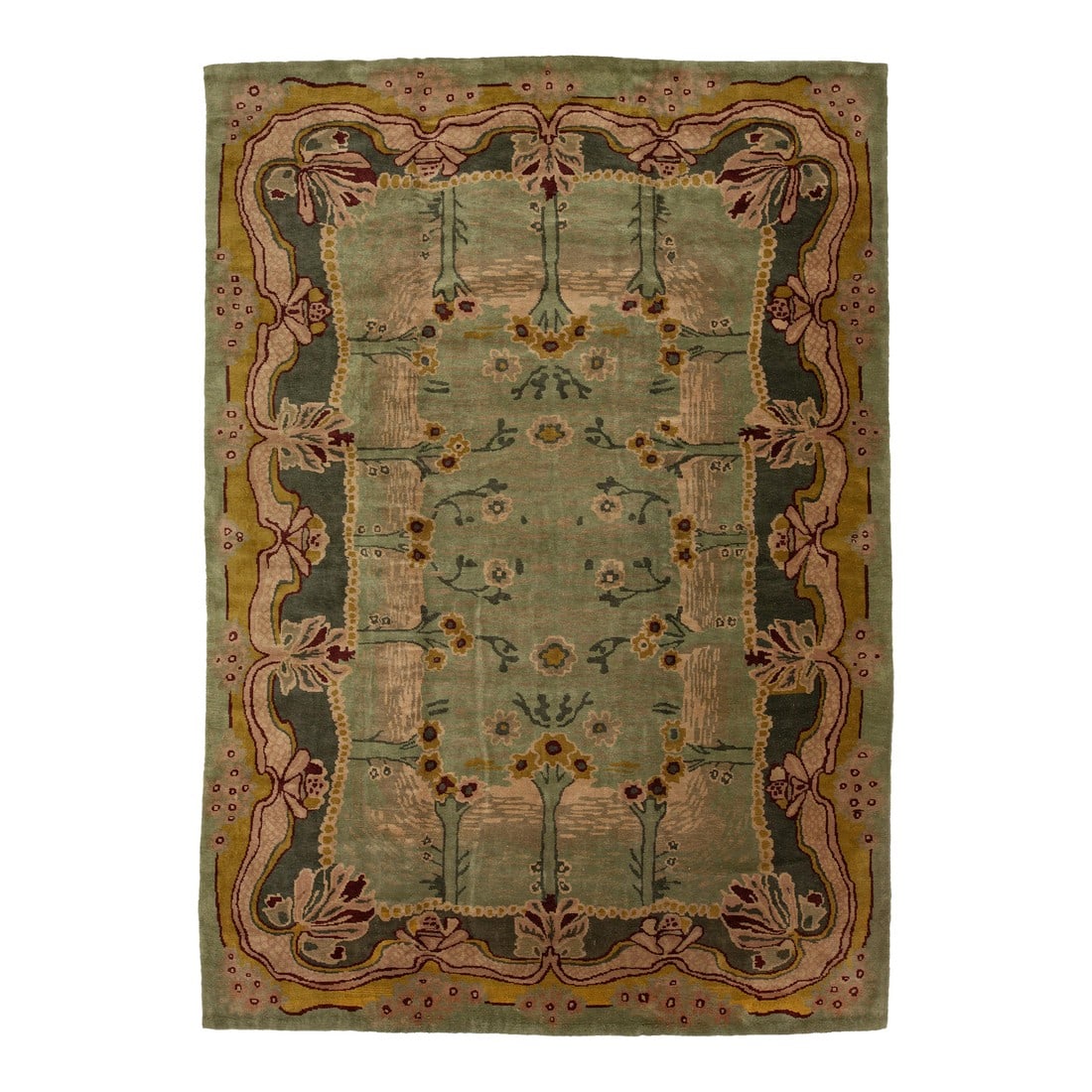 Green Modern Donegal Arts & Crafts Style Handmade Wool Rug: Beautiful modern Art & Crafts-style hand-knotted wool rug featuring a green color field. This Persian rug has a designed frame with goldenrod, peach, and burgundy accents in an all-over floral