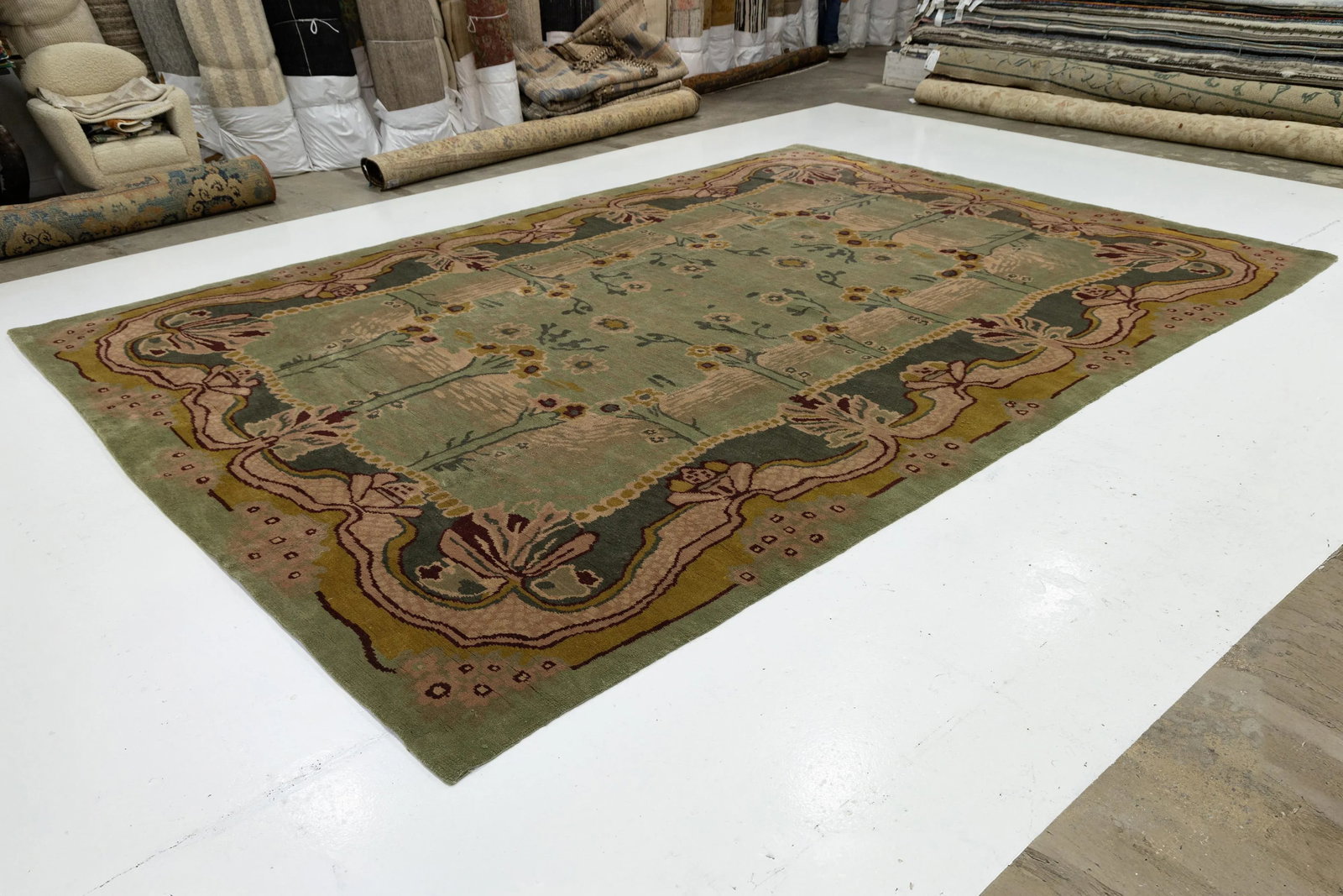 Green Modern Donegal Arts & Crafts Style Handmade Wool Rug - 4