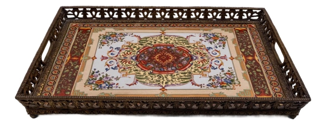 Heavy Castilian Hand Painted Bronze & Porcelain Serving Tray: Age: Approx: 30 Years Old Details: Fine Carved Details High Quality Construction Ice Crackle Glaze Nice Inlay Work Throughout Ornate Bronze Gallery Solid Brass Hardware Ball Feet Offered @ Fraction Or