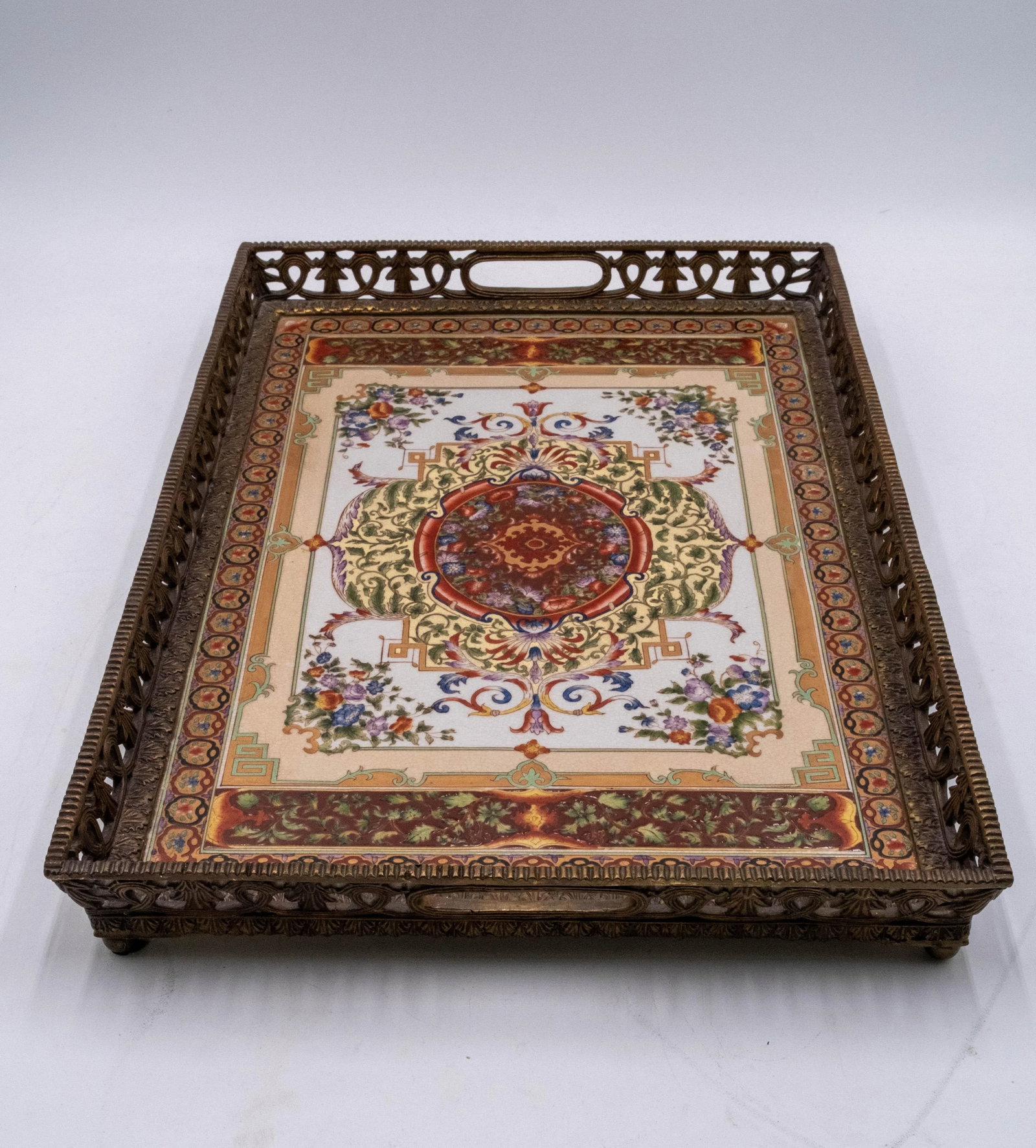 Heavy Castilian Hand Painted Bronze & Porcelain Serving Tray - 2
