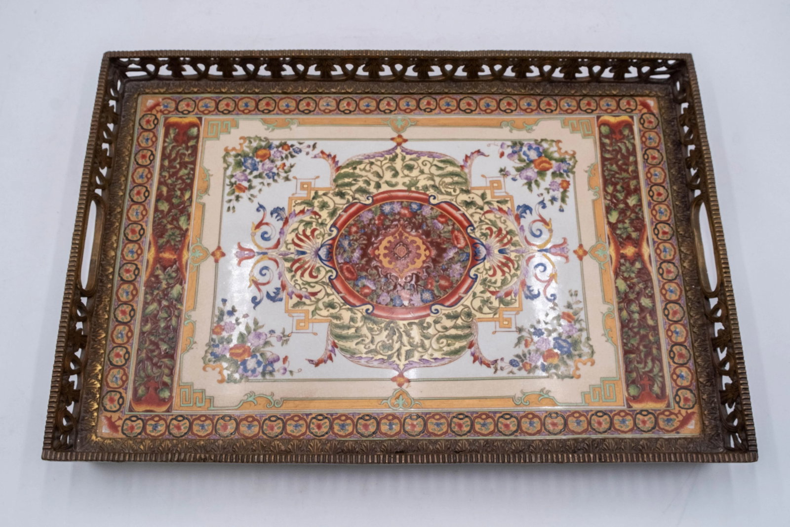Heavy Castilian Hand Painted Bronze & Porcelain Serving Tray - 3