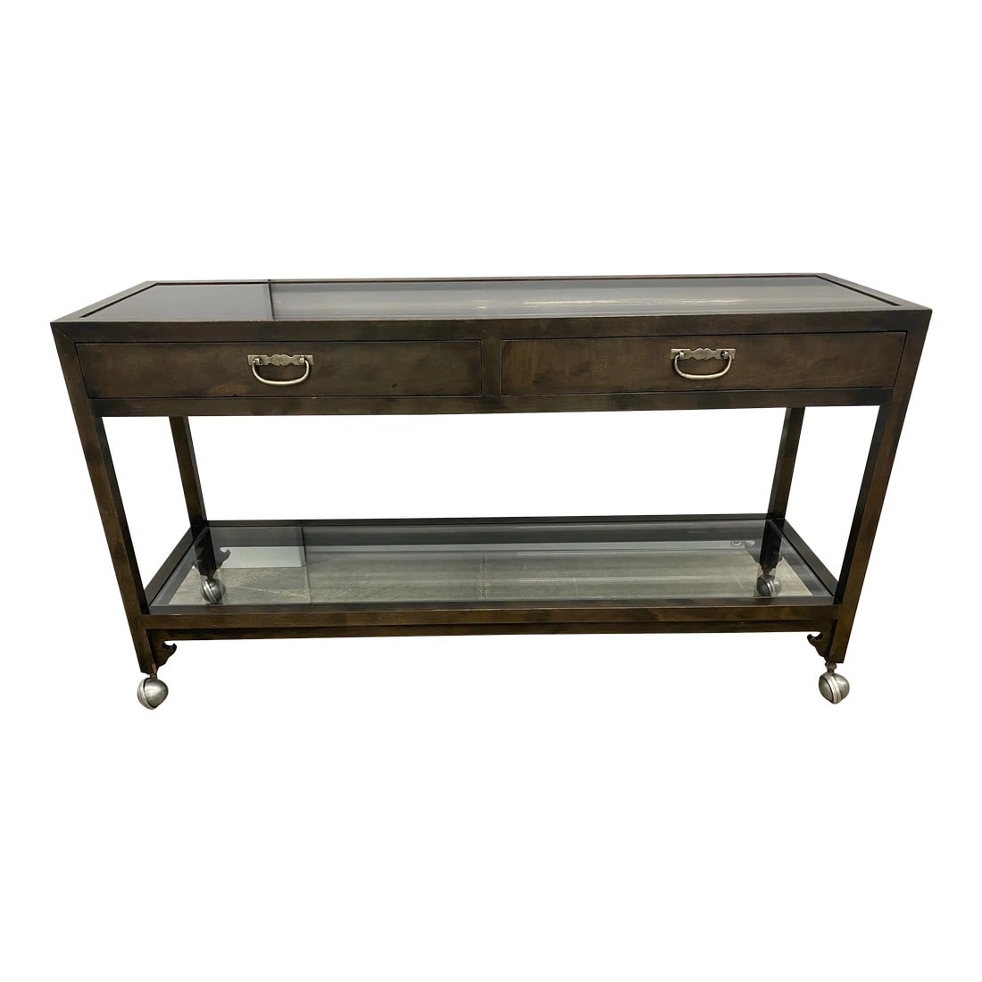 Baker Furniture Wood Sofa Console Entry Table on Casters With Glass Top and Drawers (1 of 10)