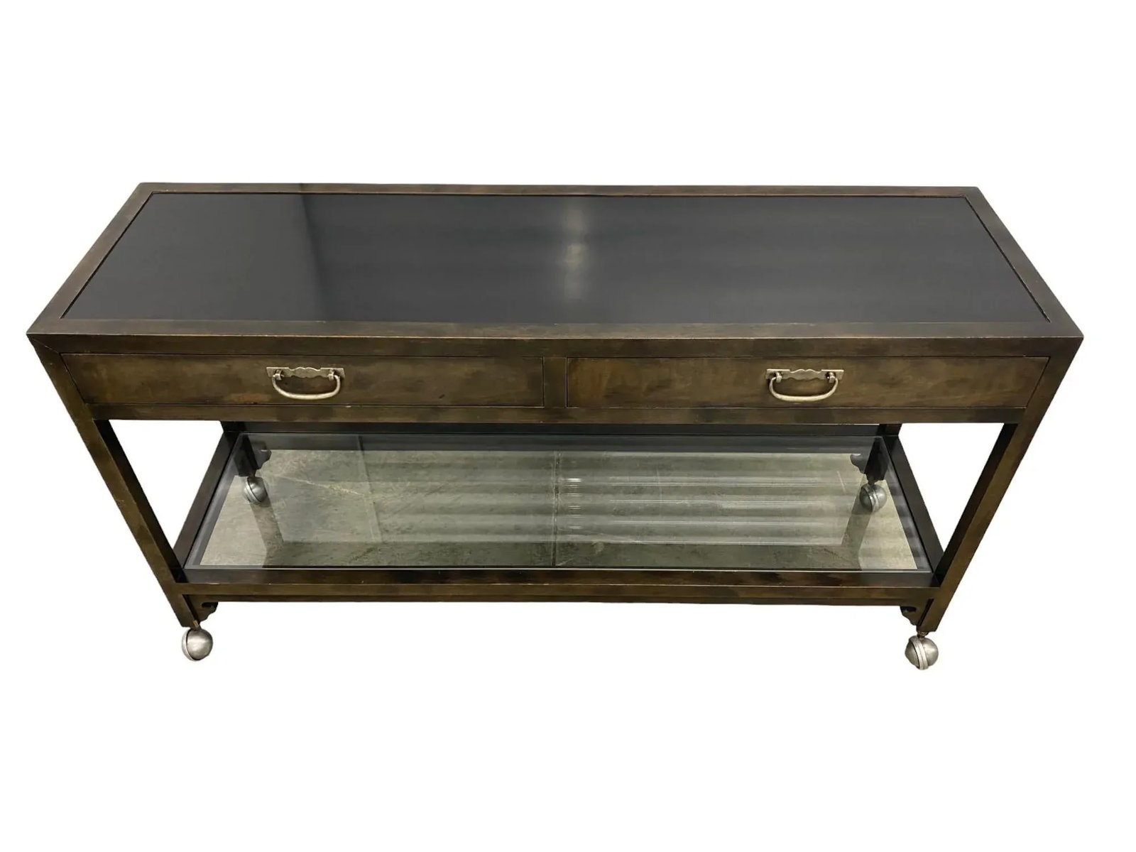 Baker Furniture Wood Sofa Console Entry Table on Casters With Glass Top and Drawers - 2