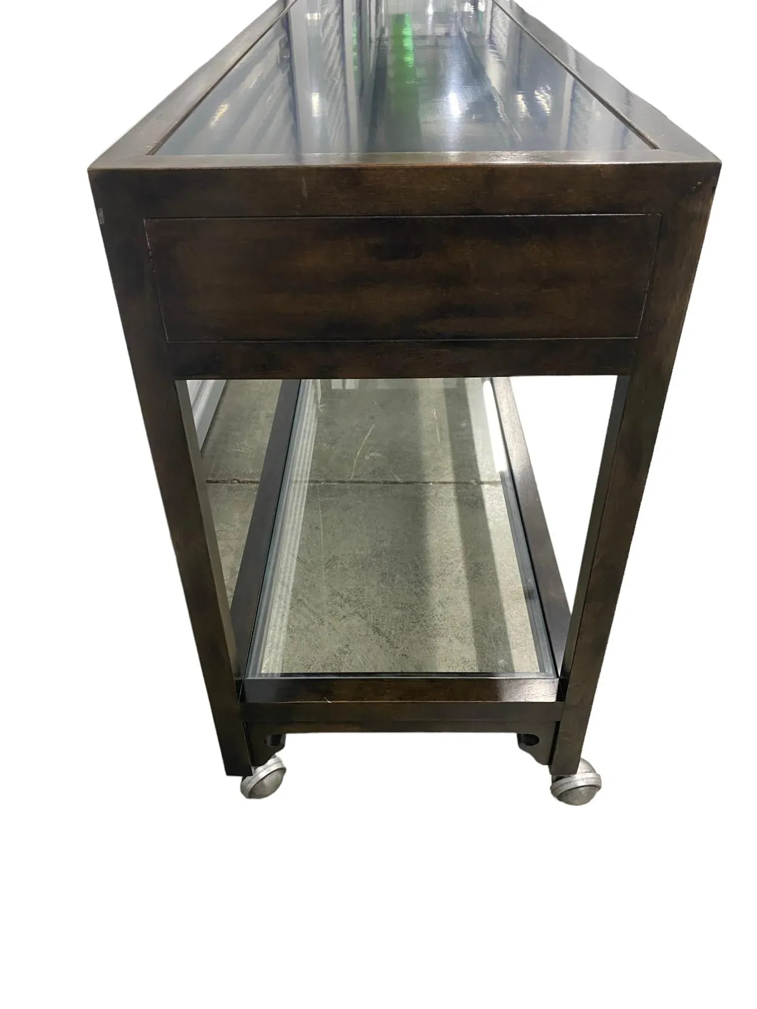 Baker Furniture Wood Sofa Console Entry Table on Casters With Glass Top and Drawers - 5