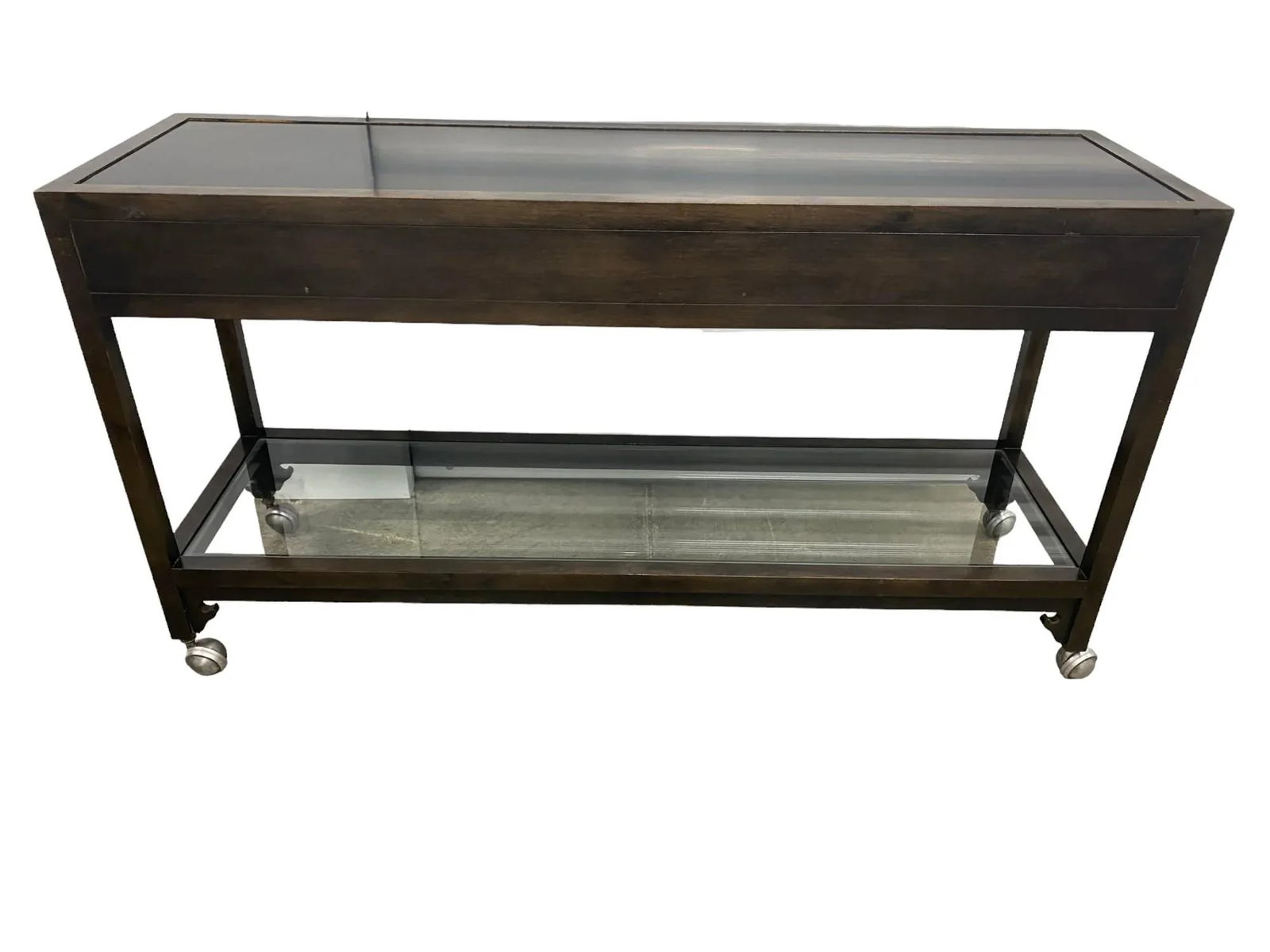 Baker Furniture Wood Sofa Console Entry Table on Casters With Glass Top and Drawers - 6