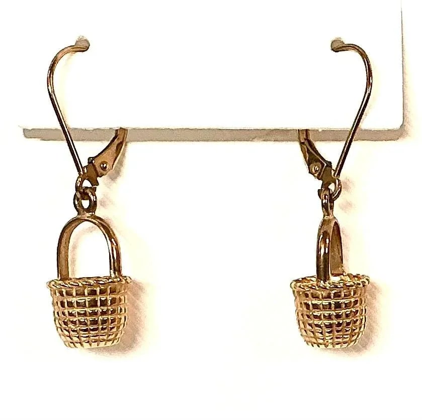 Vintage 14k Gold Woven Basket Dangle Earrings - 2