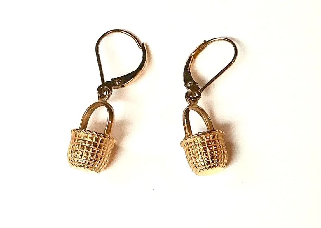 Vintage 14k Gold Woven Basket Dangle Earrings - 3