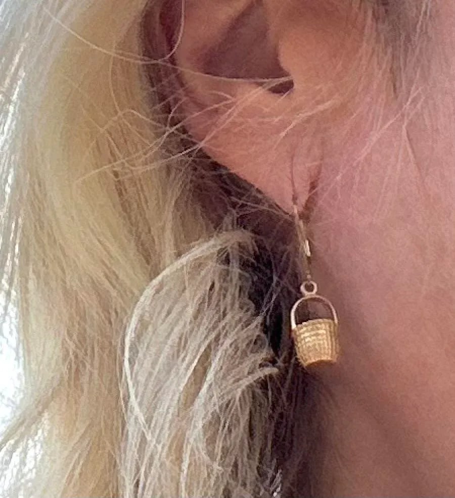Vintage 14k Gold Woven Basket Dangle Earrings - 4