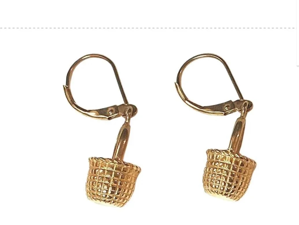 Vintage 14k Gold Woven Basket Dangle Earrings - 5