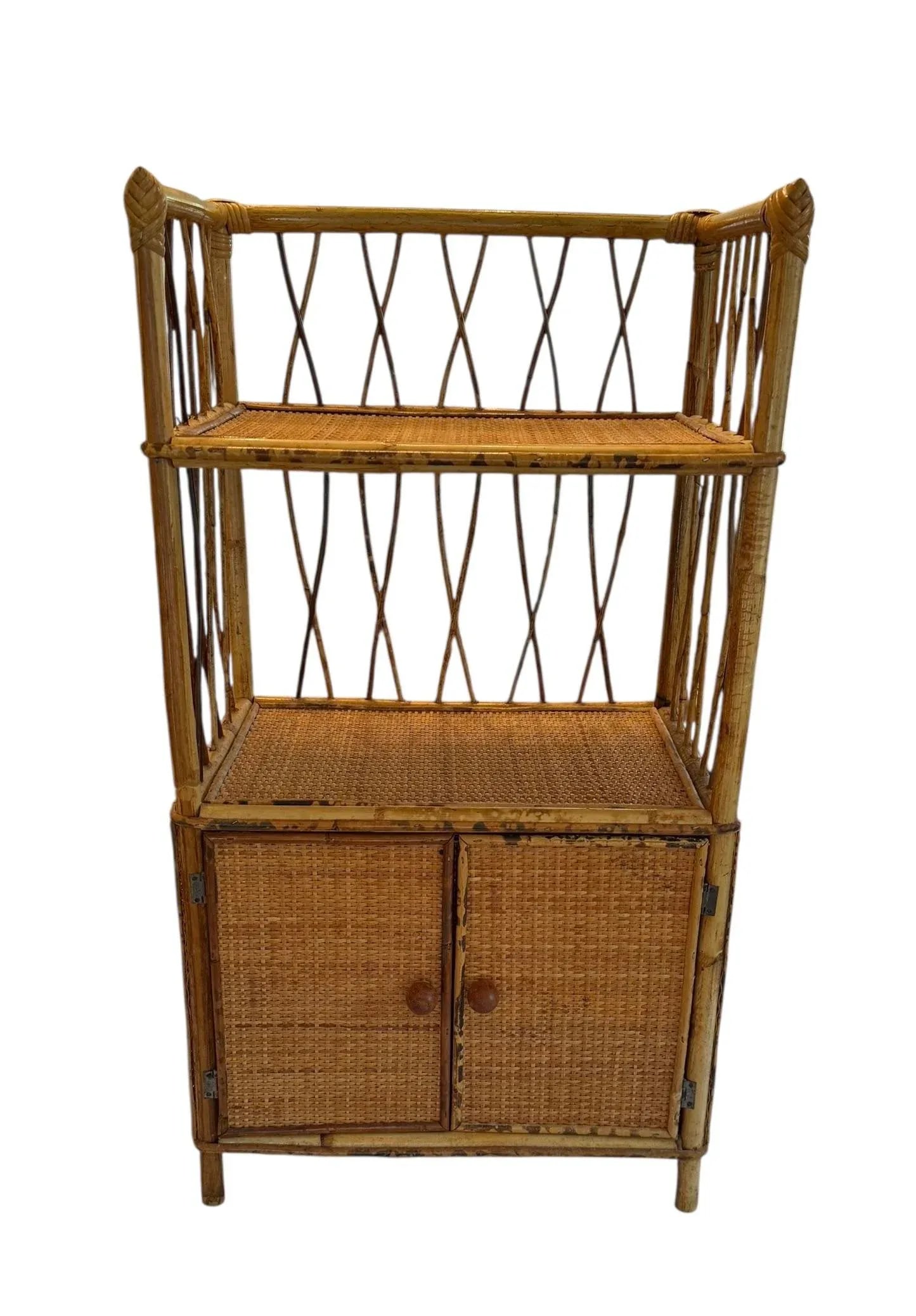 Mid 20th Century Vintage Palm Beach Style 30" Tall Bamboo & Rattan Shelves Bookcase Cabinet Etager - 12
