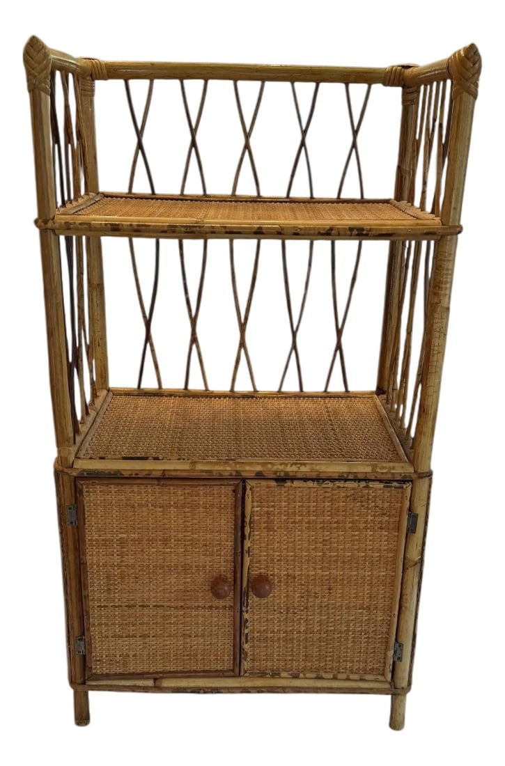 Mid 20th Century Vintage Palm Beach Style 30" Tall Bamboo & Rattan Shelves Bookcase Cabinet Etager: Mid 20th Century Vintage Palm Beach Style Bamboo & Rattan Shelves Bookcase Cabinet Etagere. Add a touch of vintage charm to your space with this exquisite mid-20th century Bamboo & Rattan Bookcase Cab