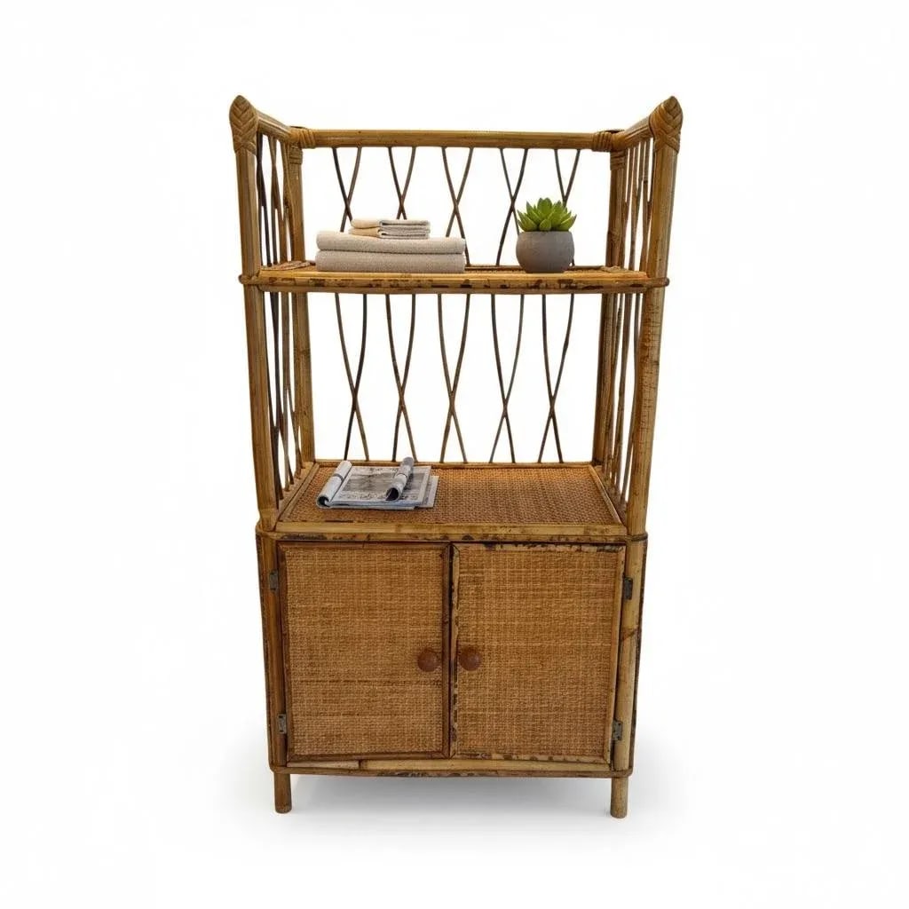 Mid 20th Century Vintage Palm Beach Style 30" Tall Bamboo & Rattan Shelves Bookcase Cabinet Etager - 2