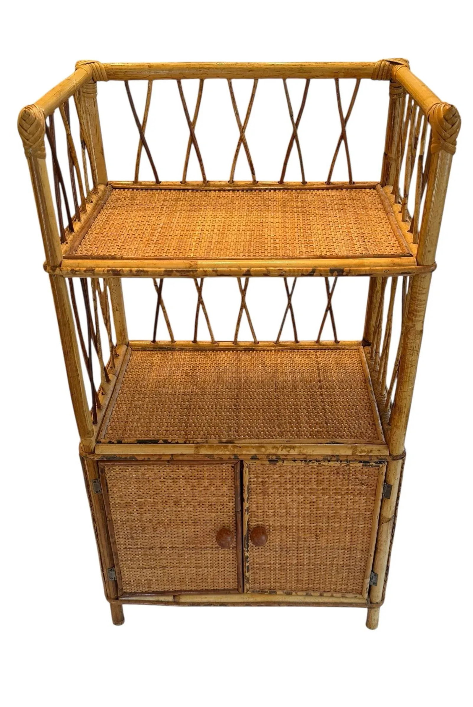 Mid 20th Century Vintage Palm Beach Style 30" Tall Bamboo & Rattan Shelves Bookcase Cabinet Etager - 3