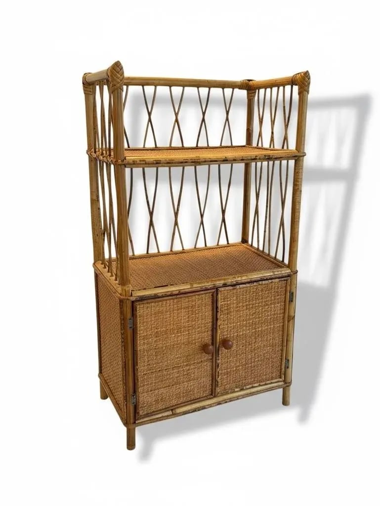 Mid 20th Century Vintage Palm Beach Style 30" Tall Bamboo & Rattan Shelves Bookcase Cabinet Etager - 6