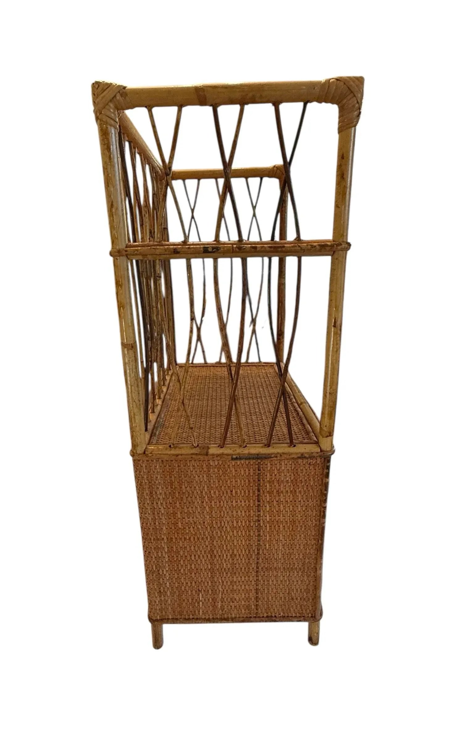 Mid 20th Century Vintage Palm Beach Style 30" Tall Bamboo & Rattan Shelves Bookcase Cabinet Etager - 7