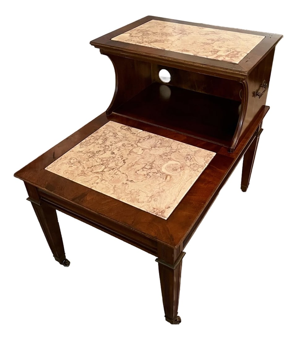 Walnut Two-Tier Table With Marble Inlay - Mid Century: A striking fusion of walnut warmth and Portuguese marble elegance, this mid-century two-tier table brings sculptural refinement and European sophistication to any space. This exceptional two-tier tabl
