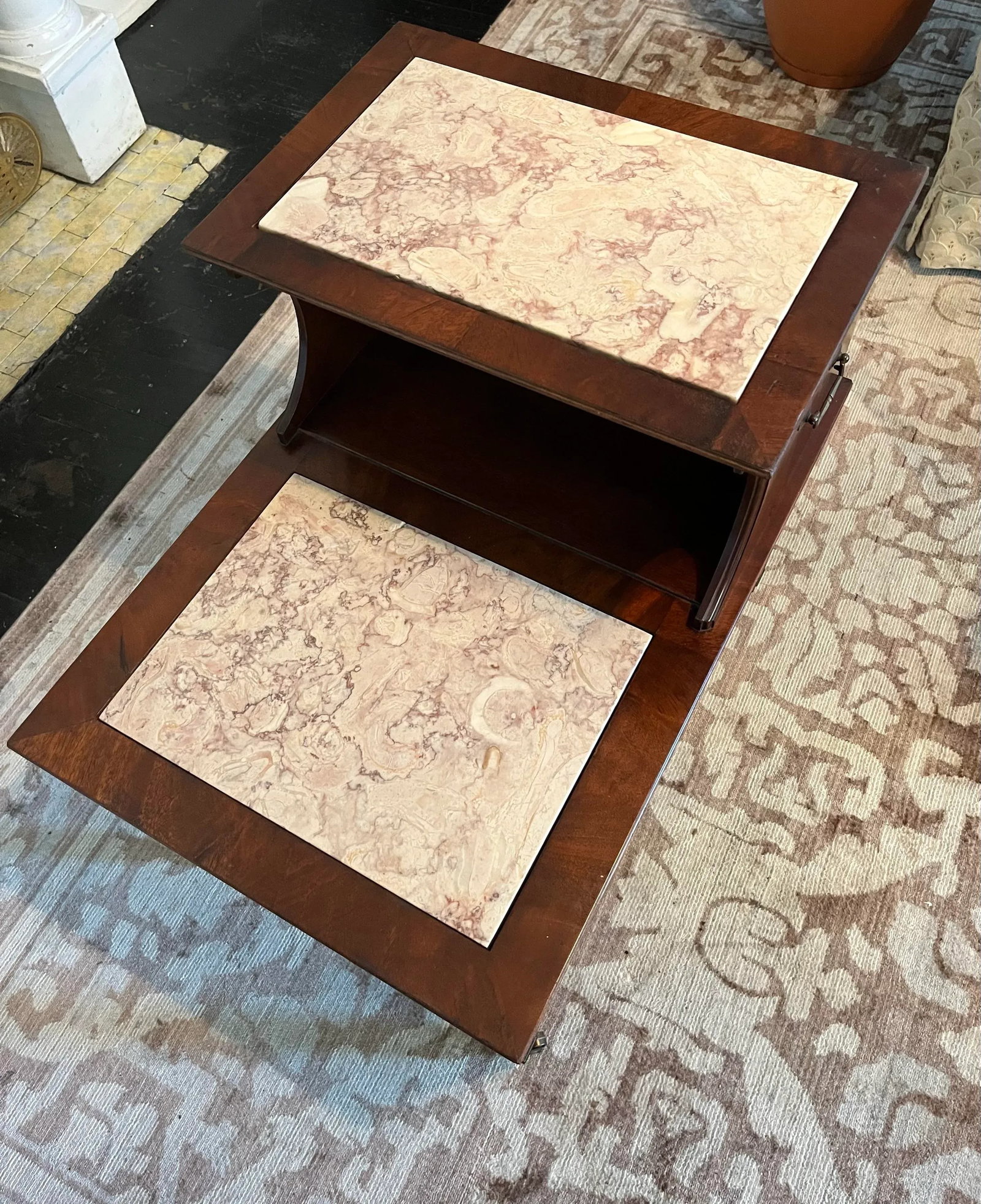 Walnut Two-Tier Table With Marble Inlay - Mid Century - 2
